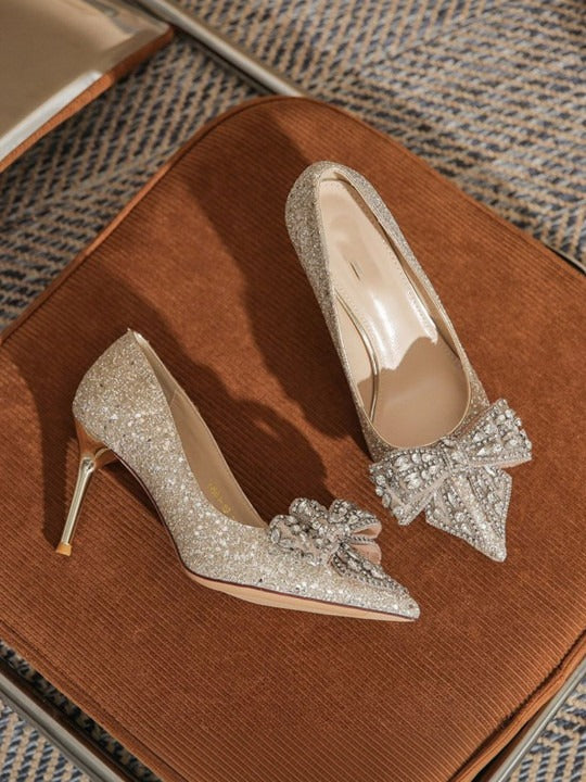 Women’s Glitter Bow Stiletto Heels – Elegant Sparkle Party Pumps