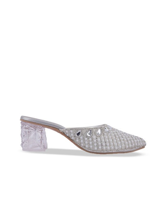Women’s Embellished Mule Heels – Pearl Crystal Pointed Toe Party Slides