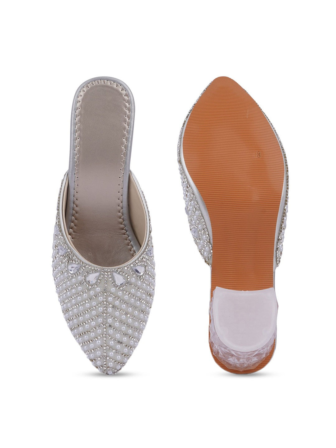 Women’s Embellished Mule Heels – Pearl Crystal Pointed Toe Party Slides